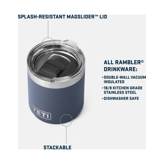 Blue insulated YETI tumbler with clear MagSlider lid, shown with feature callouts
