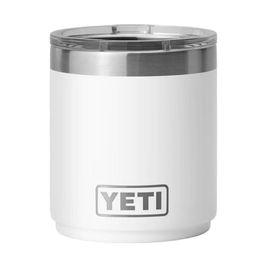 White insulated tumbler with a stainless steel rim and clear lid, showing a YETI logo near the bottom