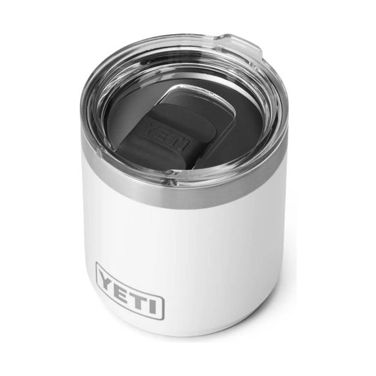White stainless steel travel tumbler with clear lid and YETI logo