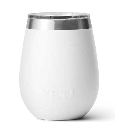 White insulated stemless tumbler with a stainless steel rim and lid