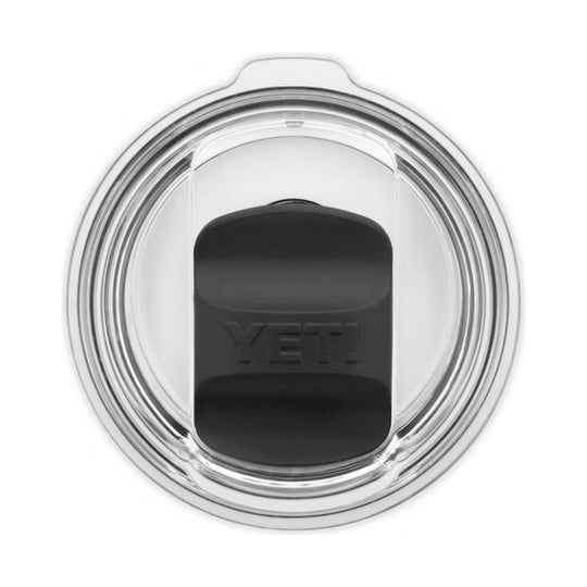 Clear-lid insulated tumbler with black sleeve and embossed YETI logo