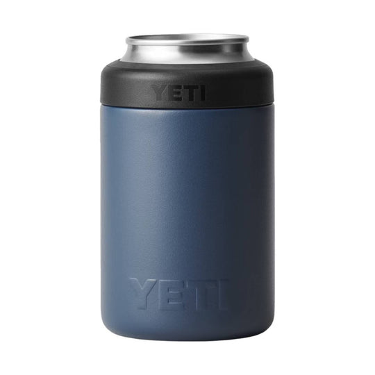 Blue insulated can cooler with a black lid and silver top, shown against a white background