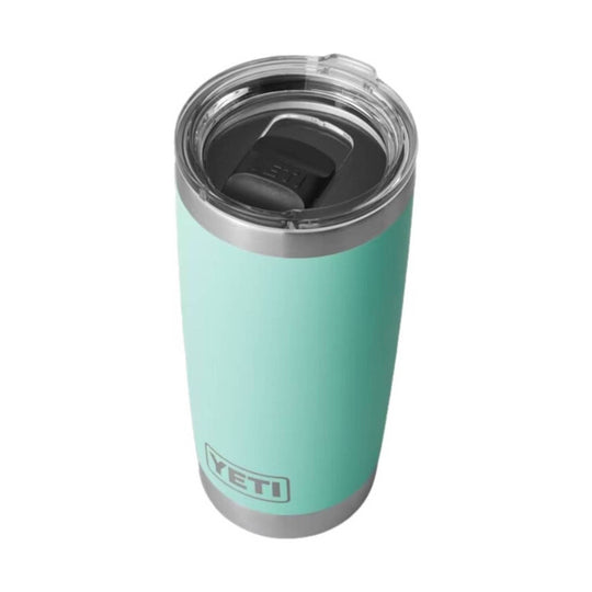 Mint insulated tumbler with clear sliding lid and gray rim, shown from above