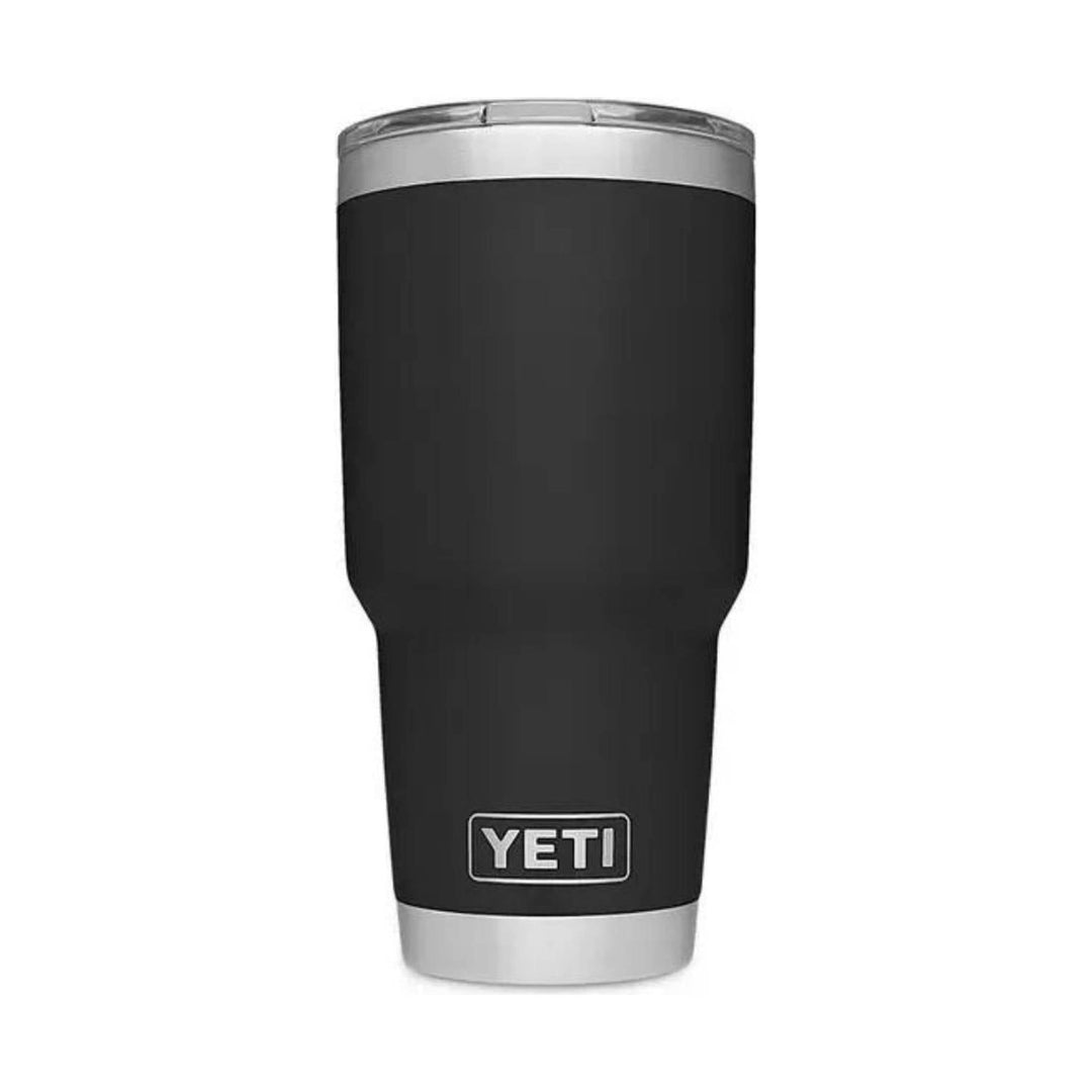 Black insulated tumbler with silver rim and base, shown front view