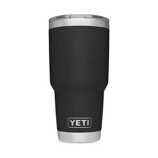 Black insulated tumbler with silver rim and base, shown front view