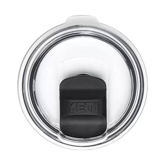 Clear lidded tumbler with black sliding lid, top view