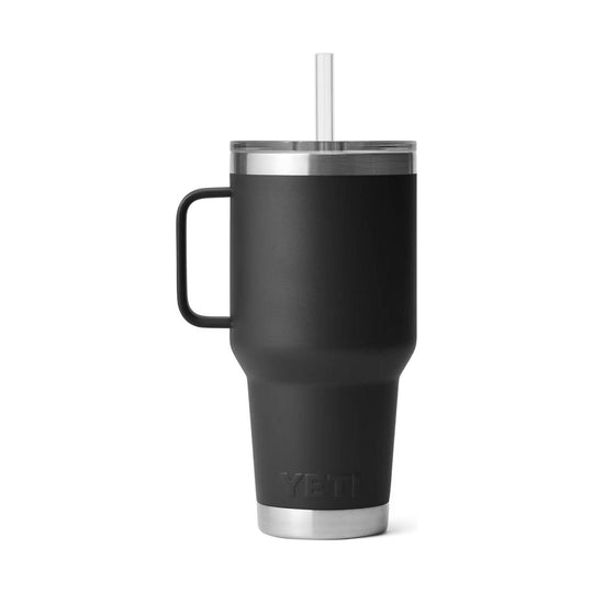 Black insulated tumbler with handle and clear straw
