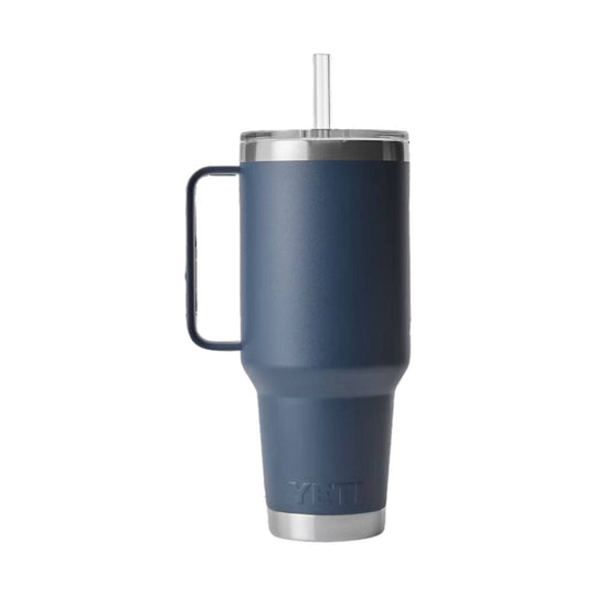 Navy insulated tumbler with handle, straw lid, and stainless steel base