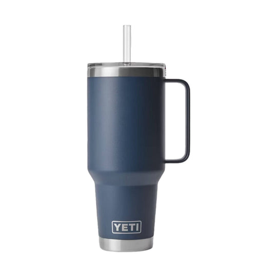 Blue insulated tumbler with a clear straw lid, side handle, and YETI logo