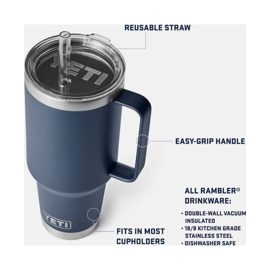 Navy insulated tumbler with clear lid, reusable straw, and handle