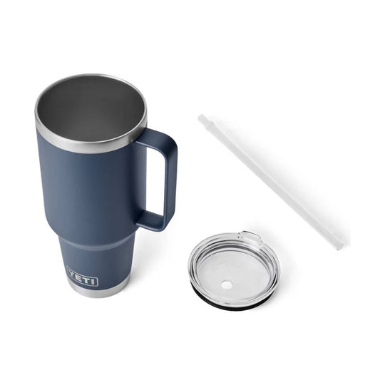 Navy insulated tumbler with handle, clear lid, and white straw