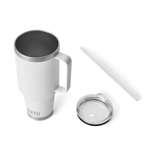 White insulated tumbler with handle, clear straw lid, and separate lid and straw shown beside it