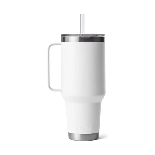 White handled insulated tumbler with clear straw lid and stainless steel base