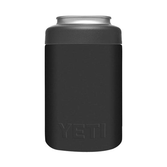 Black insulated can cooler with a silver lid and embossed logo