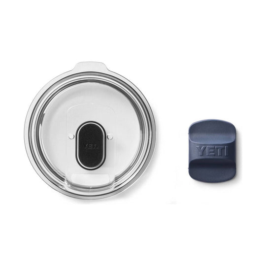 Clear tumbler lid with black MagSlider and a navy slide cover, both embossed with YETI