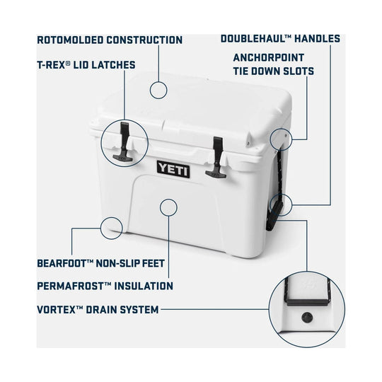 White hard cooler shown with feature callouts for rotomolded construction, T-Rex lid latches, tie-down slots, non-slip feet, insulation, and drain system