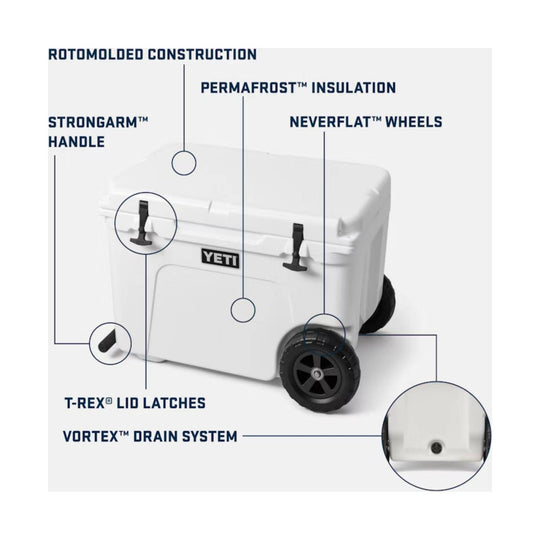 White hard-sided wheeled cooler with black handles and wheels, shown with feature callouts