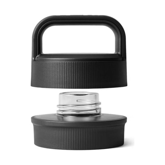 Black bottle cap with built-in handle above a clear threaded bottle opening and matching black bottle base