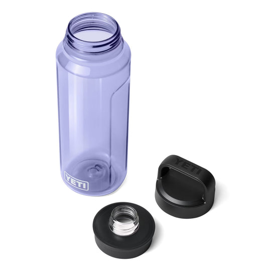 Translucent purple water bottle with black screw-on cap pieces