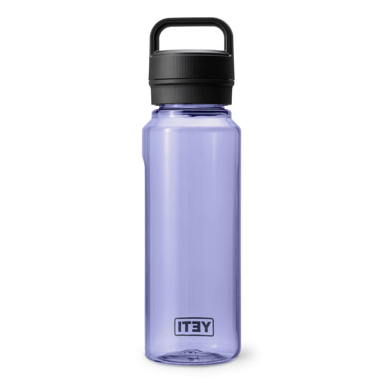 Translucent light purple water bottle with black chug cap and built-in handle