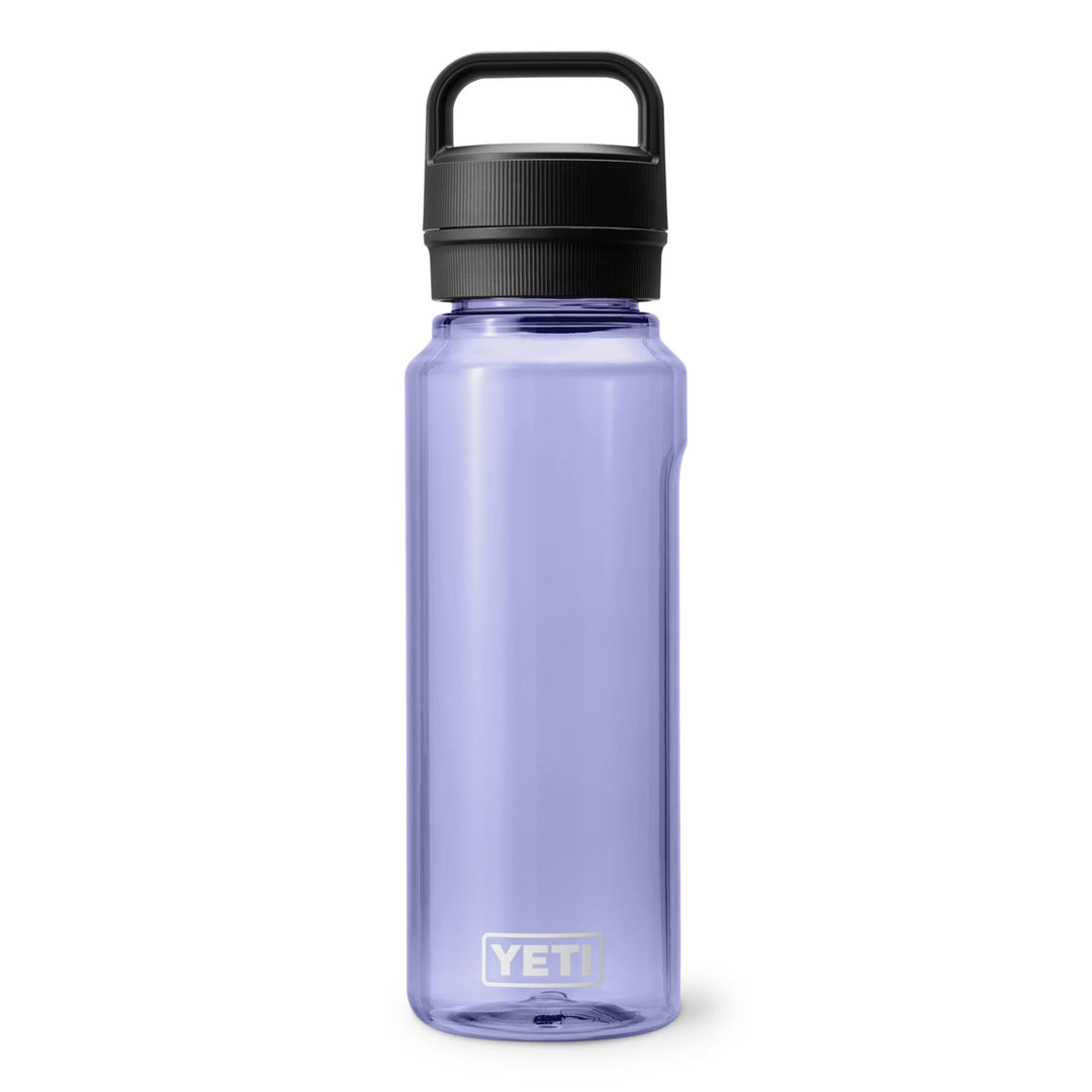 Translucent purple water bottle with black chug cap and carry handle