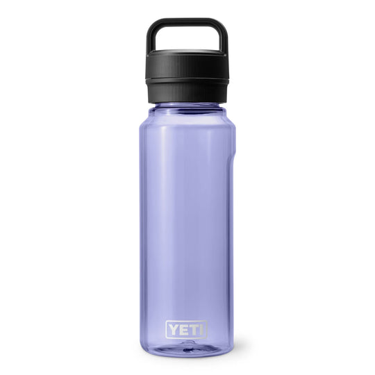 Translucent purple water bottle with black chug cap and carry handle