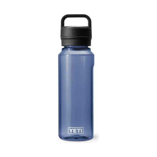 Translucent blue water bottle with black carry handle and YETI logo