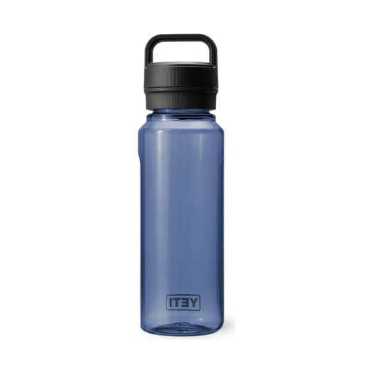 Blue translucent water bottle with black carry handle cap