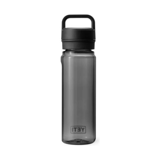 Smoky gray translucent water bottle with a black flip-top lid and built-in carry handle
