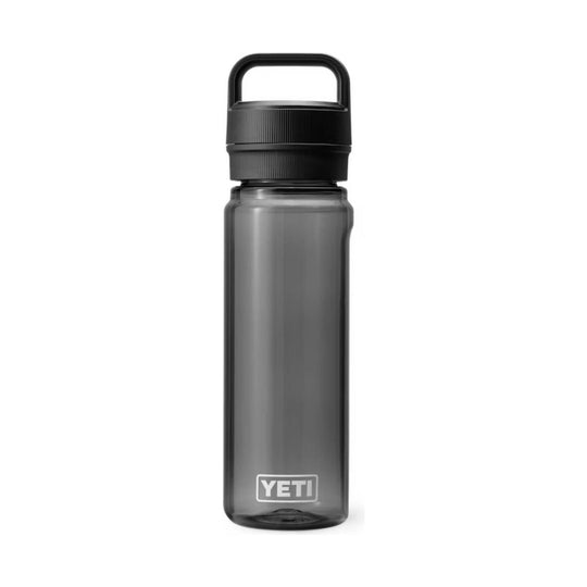 Smoky gray water bottle with black screw-on cap and carry loop