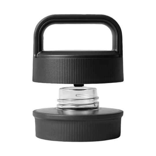 Black bottle cap with built-in handle and clear threaded connector