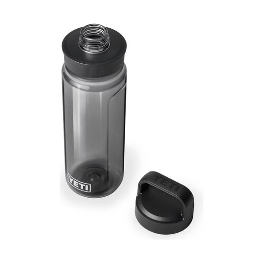 Smoky translucent water bottle with black screw cap and lid, shown with the cap off