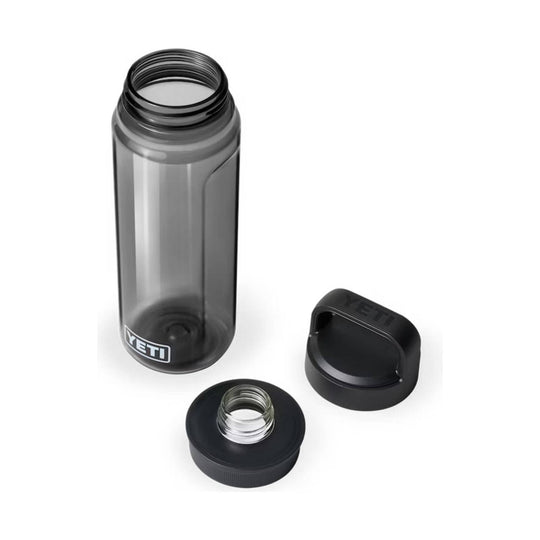 Smoke-gray plastic water bottle with threaded opening, cap, and separate lid pieces